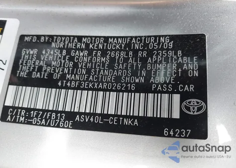 2010 Toyota Camry Le z USA, uszkodzony, nr VIN 4T4BF3EKXAR026216